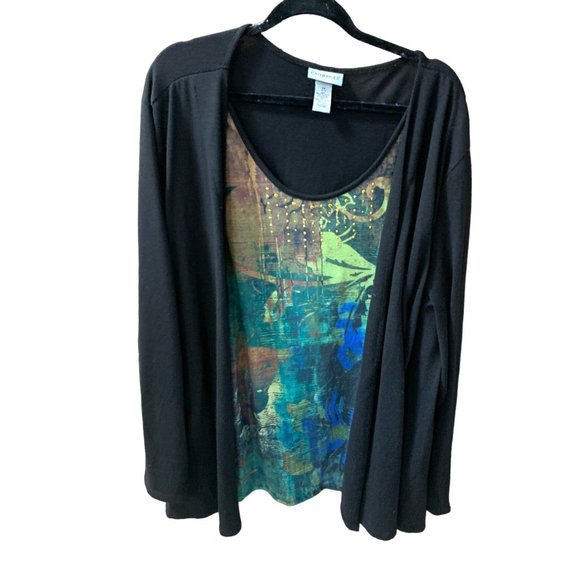 Catherine Womens Size 4X Black Cardigan Shirt Top Layered Lagen Look Green Print - Picture 1 of 3